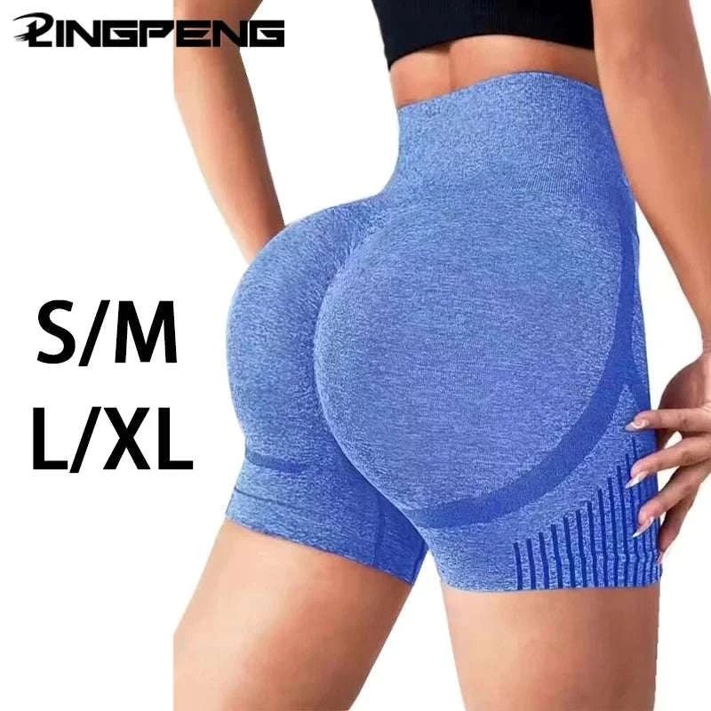 High-waist seamless blue women yoga shorts with knitted nylon fabric for workout and running.