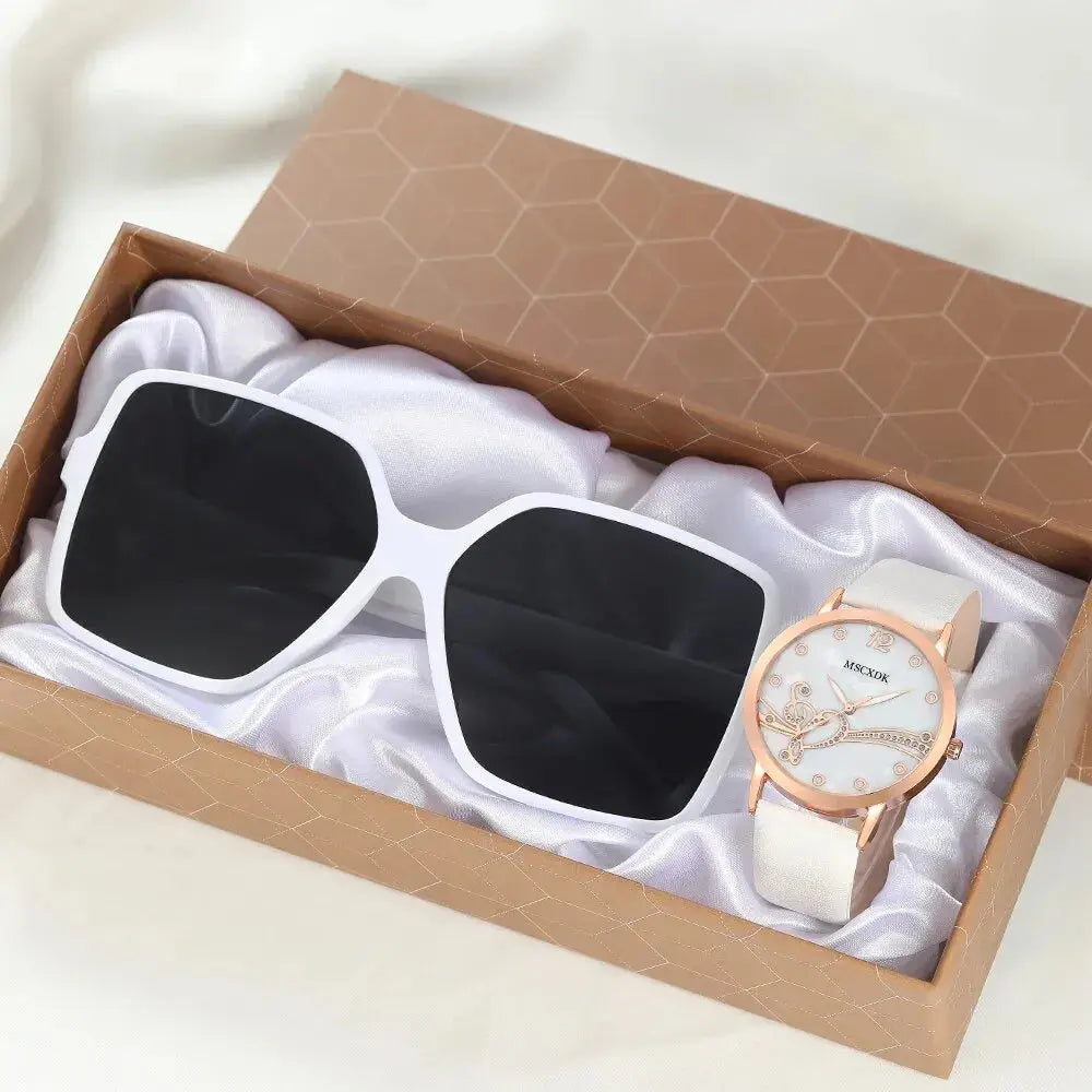 Fashion Watch Glasses Set Casual Leather Belt Watches Women Simple Sunglasses Ladies Iron Tower Dial Quartz Wristwatches Dress C Good Vibrations