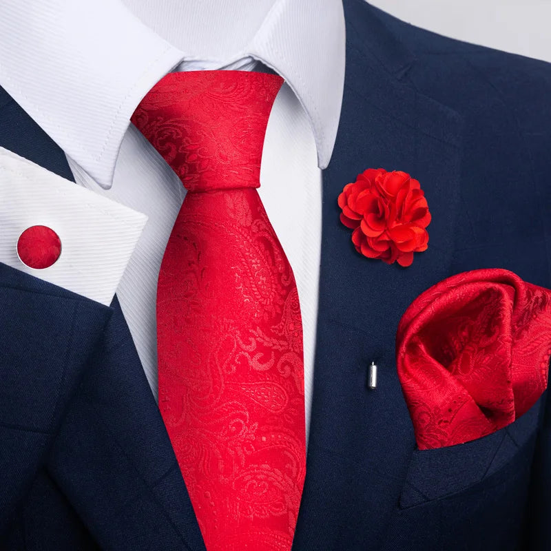 Luxury Mens Ties Floral Black Gold Ties Paisley NeckTie Pocket Square Cufflinks Brooch Set Men's Wedding Party Tie Good Vibrations