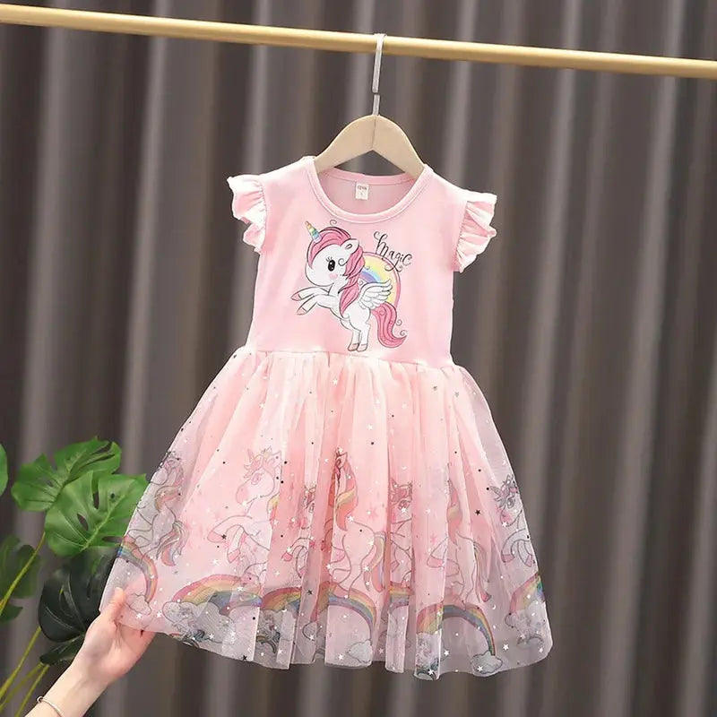 Girls Dress 2025 New Summer Princess Dresses Flying Sleeve Kids Clothes Unicorn Party Baby Dresses For Children Clothing 3-8Y Good Vibrations