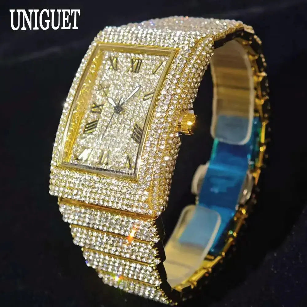 Fashion Rose Watch For Men Luxury Stainless Street Hip Hop Ice Diamond Rectangle Wristwatch Male With Calendar Rlógios Masculino Good Vibrations