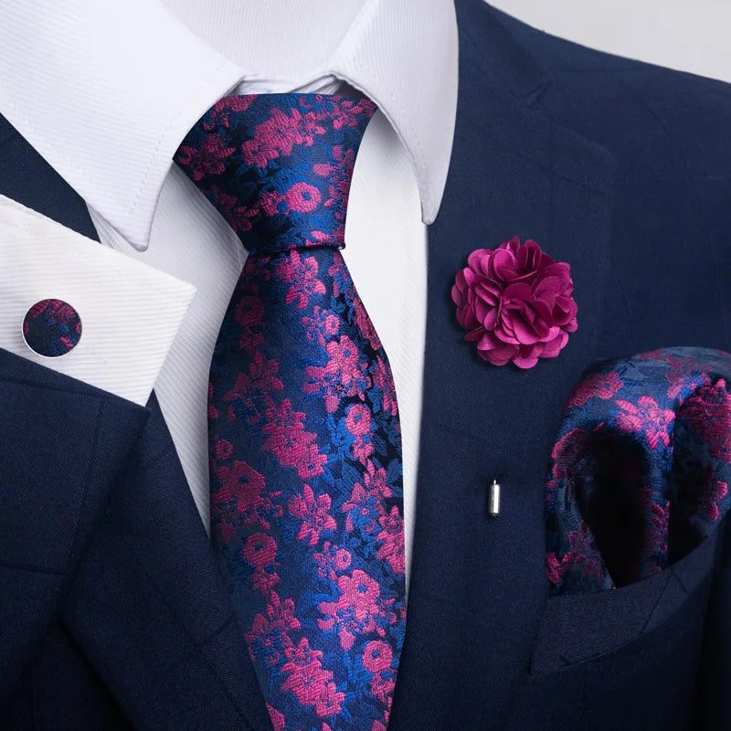 Luxury Mens Ties Floral Black Gold Ties Paisley NeckTie Pocket Square Cufflinks Brooch Set Men's Wedding Party Tie Good Vibrations