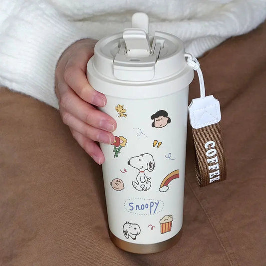 Cartoon Cute Snoopy Anime Peripheral Thermos Cup Women's Heart Stainless Steel Large Capacity Coffee Cup Straw Water Cup Gift Good Vibrations