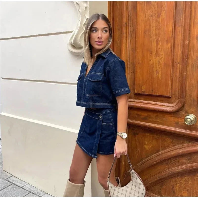Denim Irregular Hem Skirt Shorts Set Women Slim Short Sleeve V Neck Crop Tops High Waist Shorts 2025 New Female Y2k Streetwear Good Vibrations Adult Super Store