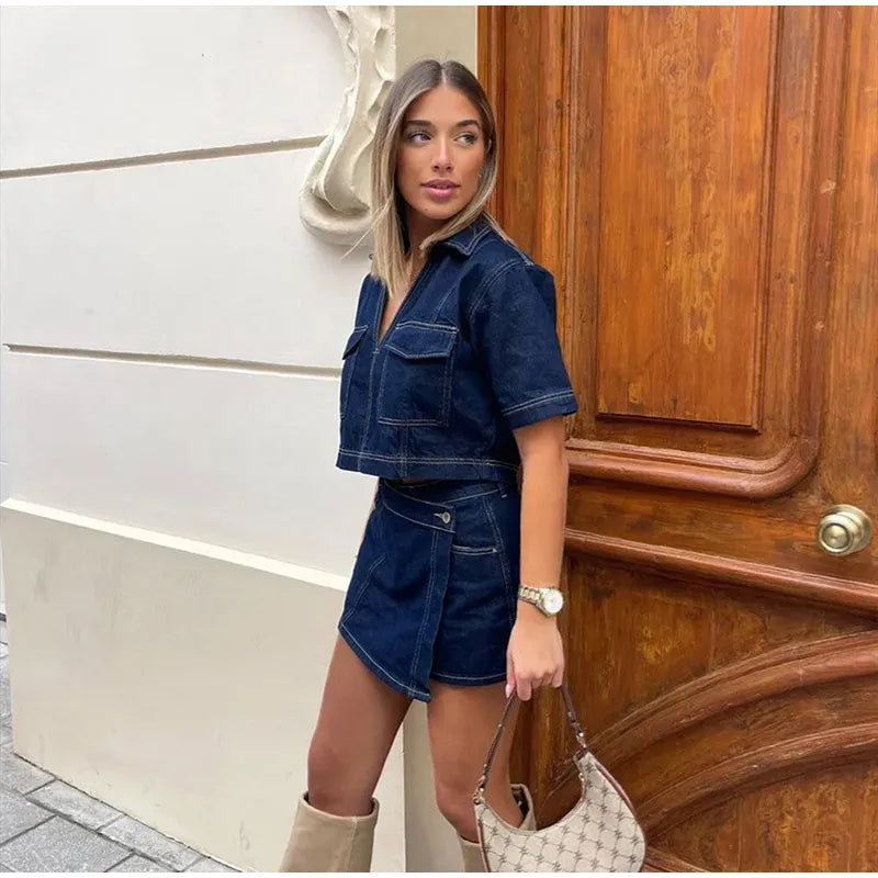 Denim Irregular Hem Skirt Shorts Set Women Slim Short Sleeve V Neck Crop Tops High Waist Shorts 2025 New Female Y2k Streetwear Good Vibrations Adult Super Store