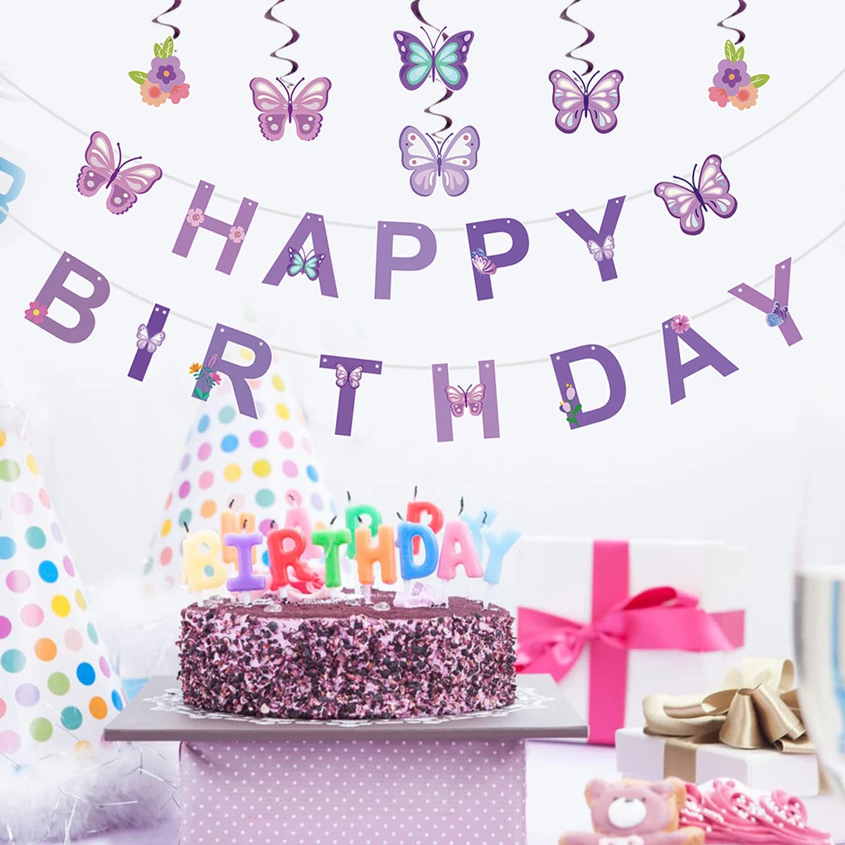 Pink Happy Birthday Banner With Butterfly Dancing Hanging Pendant Garlands  Girls Princess 1st Happy Birthday Party Decorations Good Vibrations