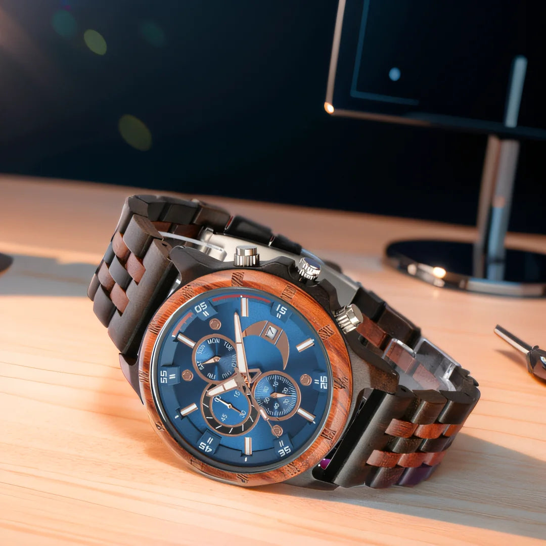 Wooden Wrist Watches For Men Fashion Quartz Wristwatches With Clock Date Week Timepieces Wood Wach Box for Him reloj hombre Good Vibrations