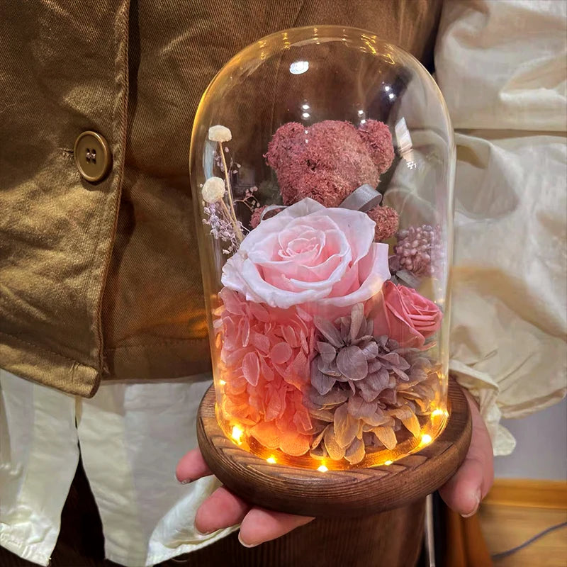 Valentine's Day Gift for Girlfriend Eternal Preserved Rose Flower Gift Box Teddy Bear Eternal Flower with Lights Gift for Women Good Vibrations