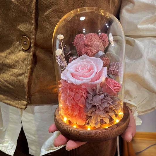 Valentine's Day Gift for Girlfriend Eternal Preserved Rose Flower Gift Box Teddy Bear Eternal Flower with Lights Gift for Women Good Vibrations