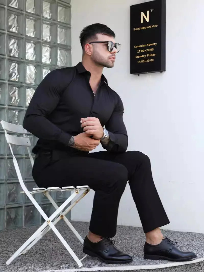 Men's formal shirt, summer long-sleeved, thin, business casual, breathable, no-iron, slimming, solid black color Good Vibrations