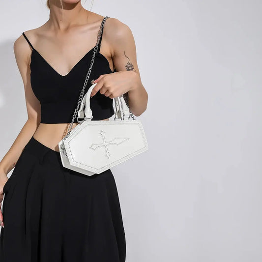 Women Crossbody Bag Large Capacity Coffin Shape Phone Shoulder Bag Halloween PU Top Handle Bag for Travel Make Up Cosmetic Bag Good Vibrations