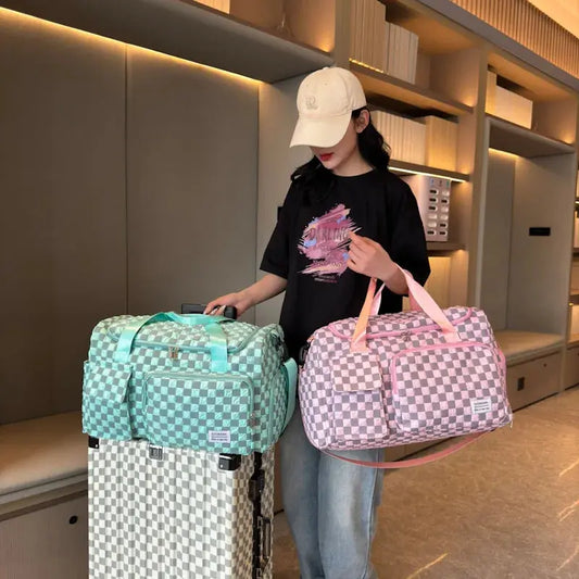 Fashion Large Capacity Checkerboard Pattern Duffle Handbag, Lightweight Travel Luggage Storage Bag, Portable Sports Fitness Bag Good Vibrations