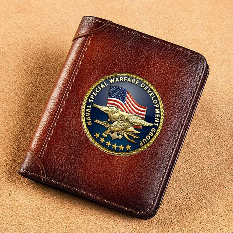 High Quality Genuine Leather Men USA FBI Department Of Justice Printing Cover Short Card Holder Purse Luxury Brand Male Wallet Good Vibrations