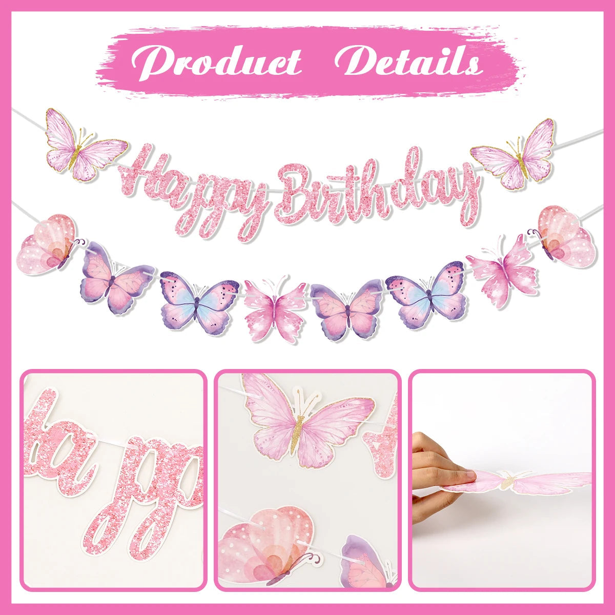Pink Happy Birthday Banner With Butterfly Dancing Hanging Pendant Garlands  Girls Princess 1st Happy Birthday Party Decorations Good Vibrations