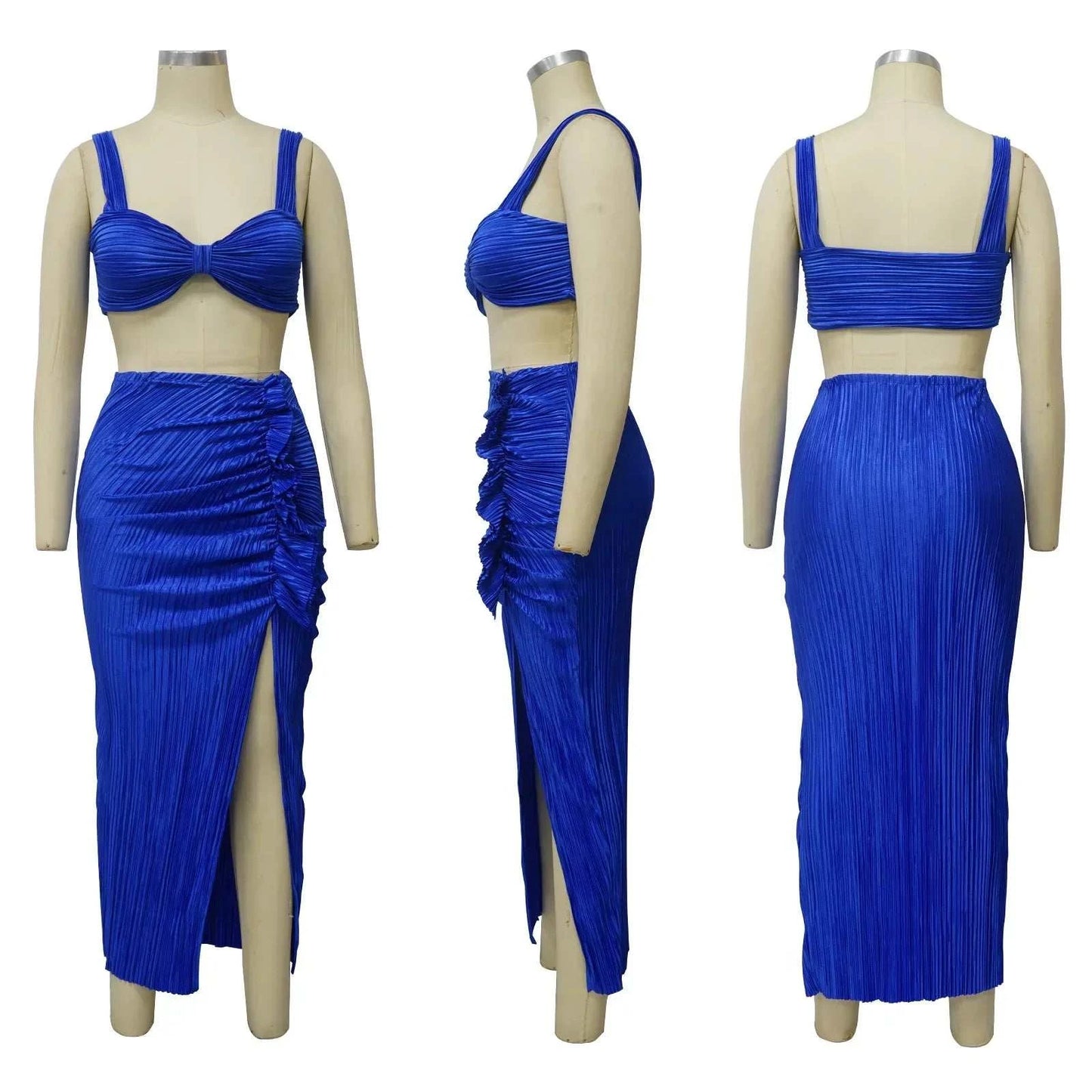 Summer two-piece set with backless halter top and high waist side slit pleated skirt in blue.