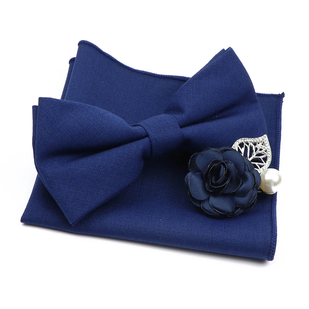 Mens Wedding Bowtie Brooch Set Romantic Solid Color Bamboo Fiber Bowknot Flower Lapel Pin Blue Pink Cravat Suit Shirt Accessory Good Vibrations