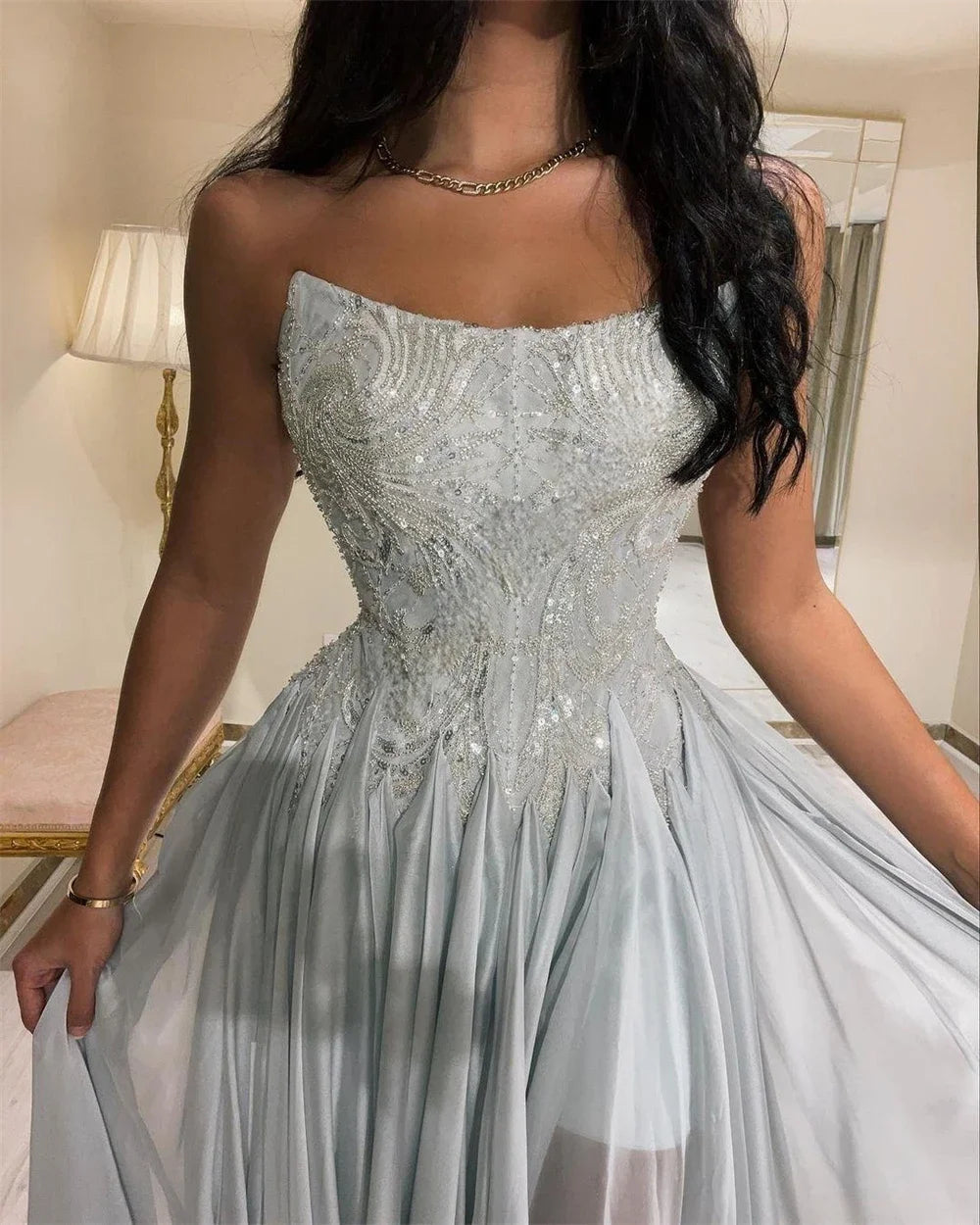 Customized Prom Dresses Exquisite Strapless A-line Celebrity Sequin Draped Chiffon Occasion Evening Gown prom dress for black Good Vibrations