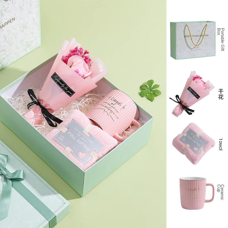 Lucky Coffee Mug Towel Flower Gift Set for Wedding Birthday Anniversary Ceramic Water Cup Mother Girl Friend Gift Bag Good Vibrations