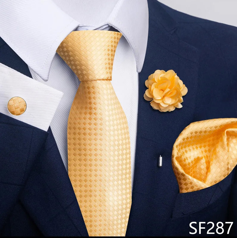 Luxury Mens Ties Floral Black Gold Ties Paisley NeckTie Pocket Square Cufflinks Brooch Set Men's Wedding Party Tie Good Vibrations
