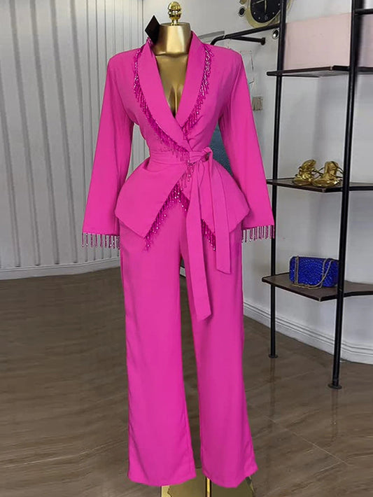 Two Piece Sets Women Outfits Statement Pant Set with Fringe Details Ideal for Birthday Dinners Evening Parties and Formal Events Good Vibrations