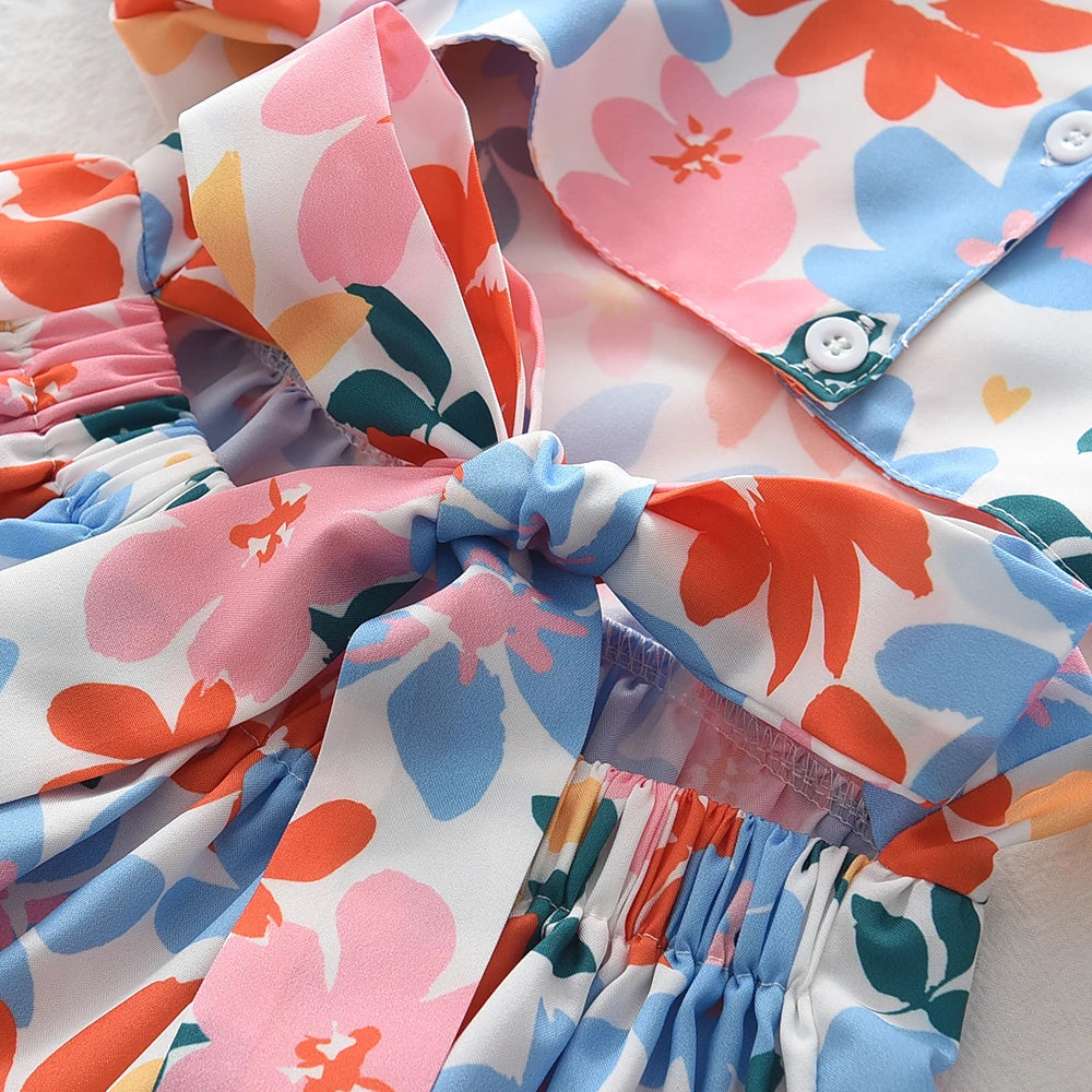 Girls Dresses 2023 Summer New Baby Girls Colourful Floral Short-sleeved Dresses 3-7 Years Old Girls Clothing Good Vibrations