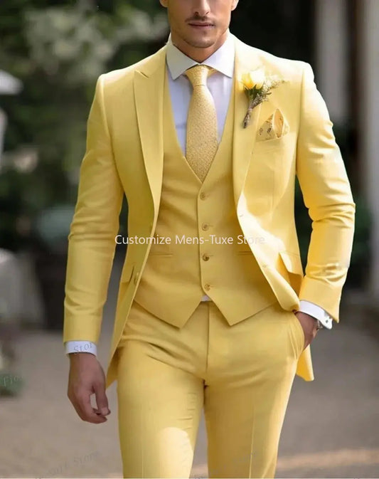New Beige Suit Men Business Tuxedos Formal 3 Piece Set Jacket Vest Pants Single Breasted Groom Groomsman Prom Wedding Party Good Vibrations