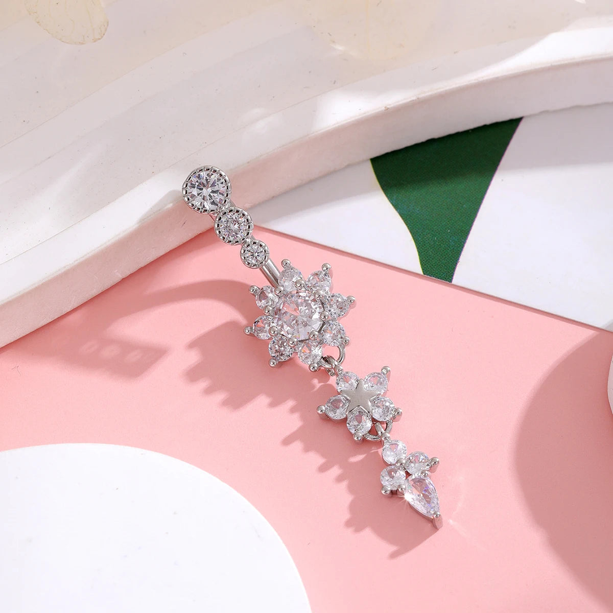 Gold Color Stainless Steel Belly Button Ring Long Dangled Flower CZ Crystal Navel Belly Piercing Rings for Women Sexy Jewelry Good Vibrations Adult Super Store