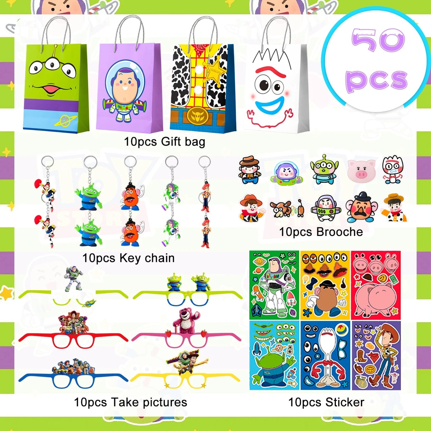 Cartoon Party Favors for Kids, 50pcs Cartoon Birthday Party Favors Set- Cartoon Goodie Bags Key Chains Stickers Photo Props etc Good Vibrations