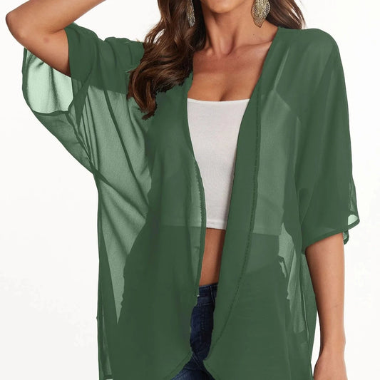 Women's Plus Size Floral Print Lightweight Chiffon Kimono Cardigan Short Sleeve Loose Beach Wear Cover Up Blouse pure color Top Good Vibrations