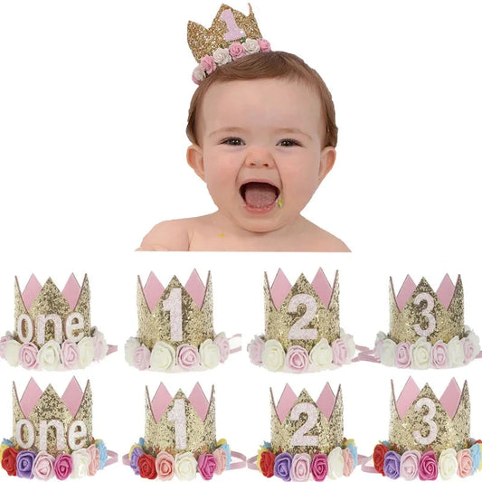 Baby Birthday Decoration Girl 1 2 3 Years Crown Hat Pink White Flower Sequins Crown 1st birthday Photo Prop Happy Birthday Gifts Good Vibrations