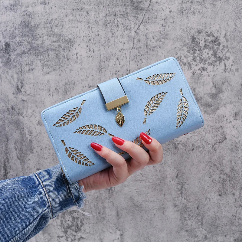 2024 new women's purse sweet lady PU leather horizontal zipper women's medium long hollow leaf purse Good Vibrations