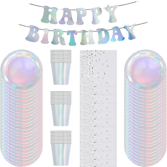Laser Disposable Tableware Sets Silver Party Paper Cups Paper Plates Straw Party Tableware Wedding Decor Birthday Party Supplies Good Vibrations