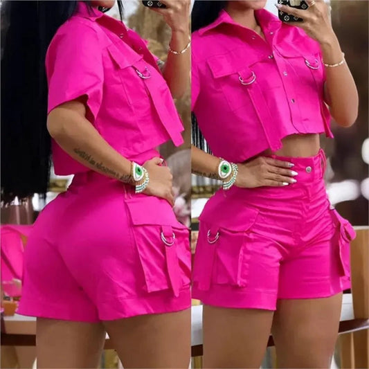 Two Piece Set Women Outfit 2024 Summer Short Sleeve Turn-Down Collar Buttoned Crop Top Casual Pocket Design Vacation Pants Set Good Vibrations