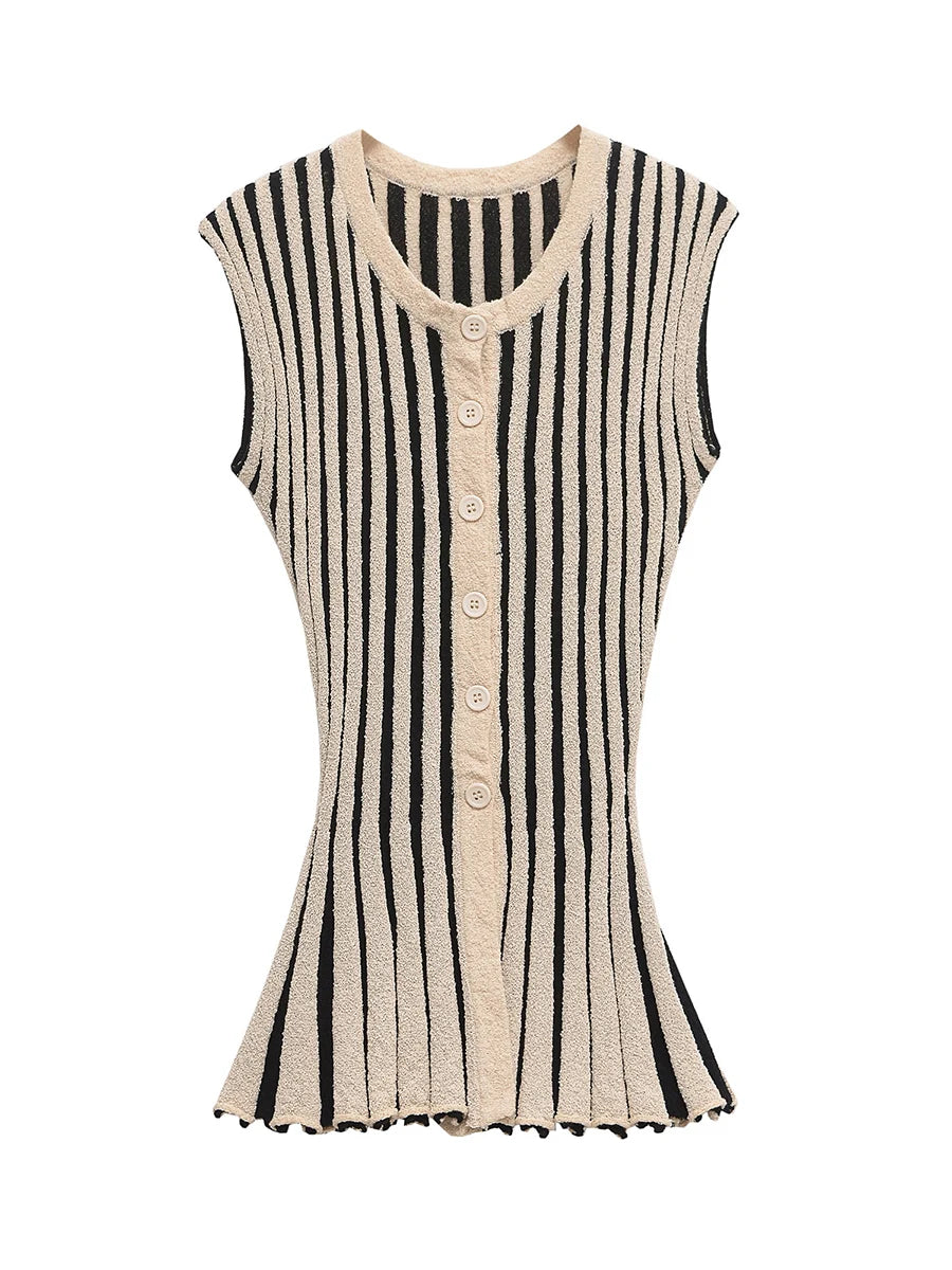 TWOTWINSTYLE Striped Loose Two Piece Set for Women O Neck Sleeveless Top High Waist Wide Leg Pants Casual Sets Female Sumemr New Good Vibrations