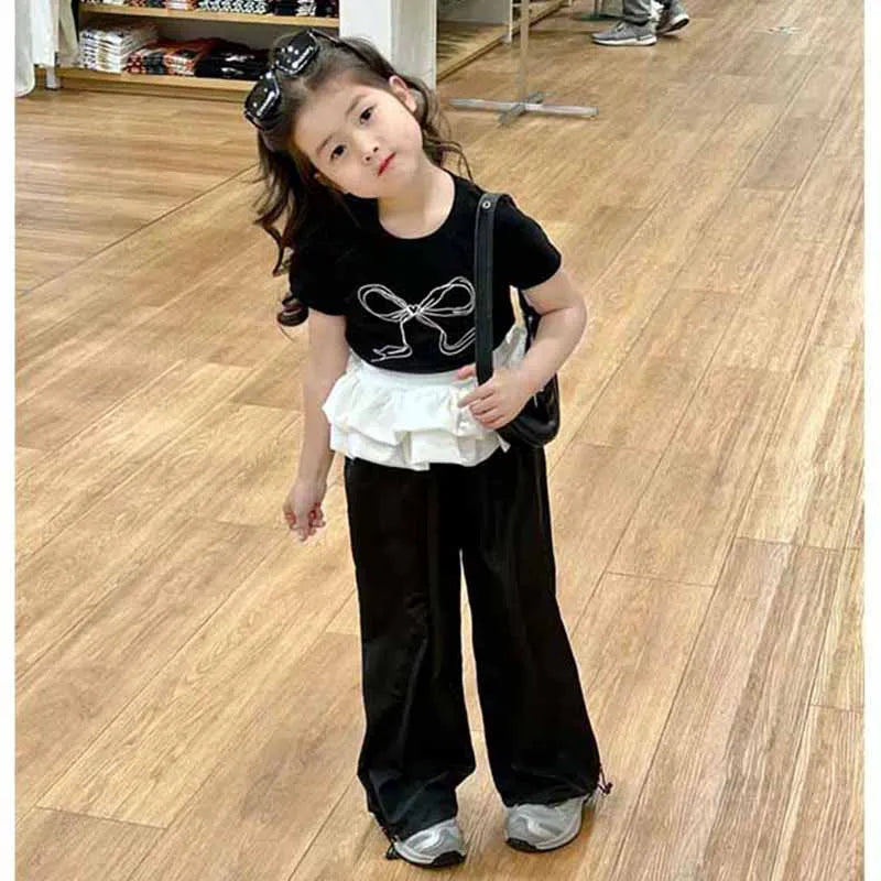 Girls Bow Clothing Sets Children's Fashion Tops Suit Baby Knotbow Short-Sleeve Tops+Pants 2Pcs New Summer Sweet Kids Clothes Good Vibrations