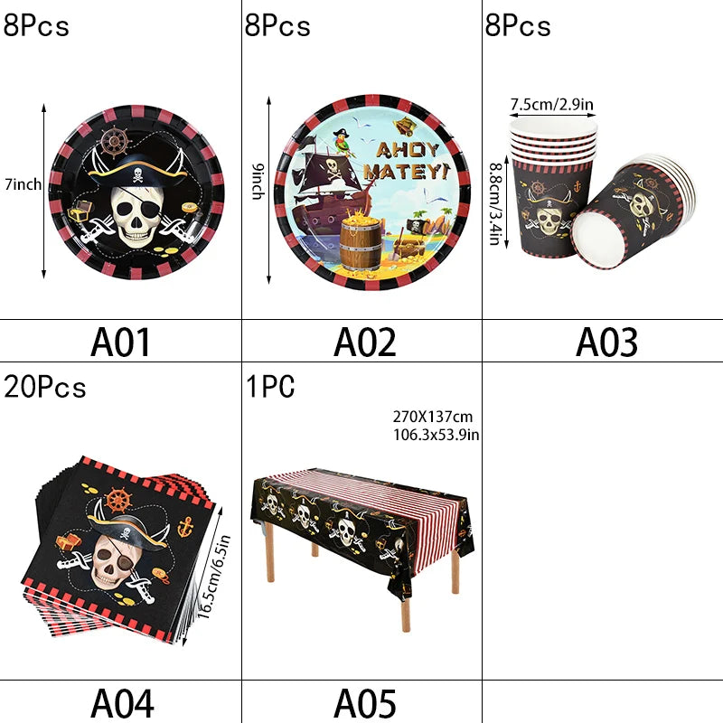 Pirate Theme Party Disposable Tableware Sets Paper Plate Cup Kids Birthday Party Decor Halloween Baby Shower Dining-table Supply Good Vibrations