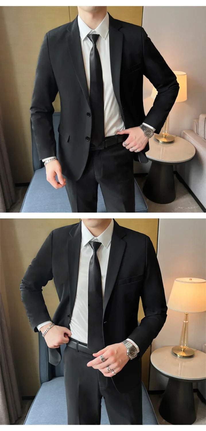 Suits for Men Korean Fashion Long Sleeve Slim Fit Wedding Business Blazer Black Professional Formal Suit Pants Sets Ropa Hombre Good Vibrations