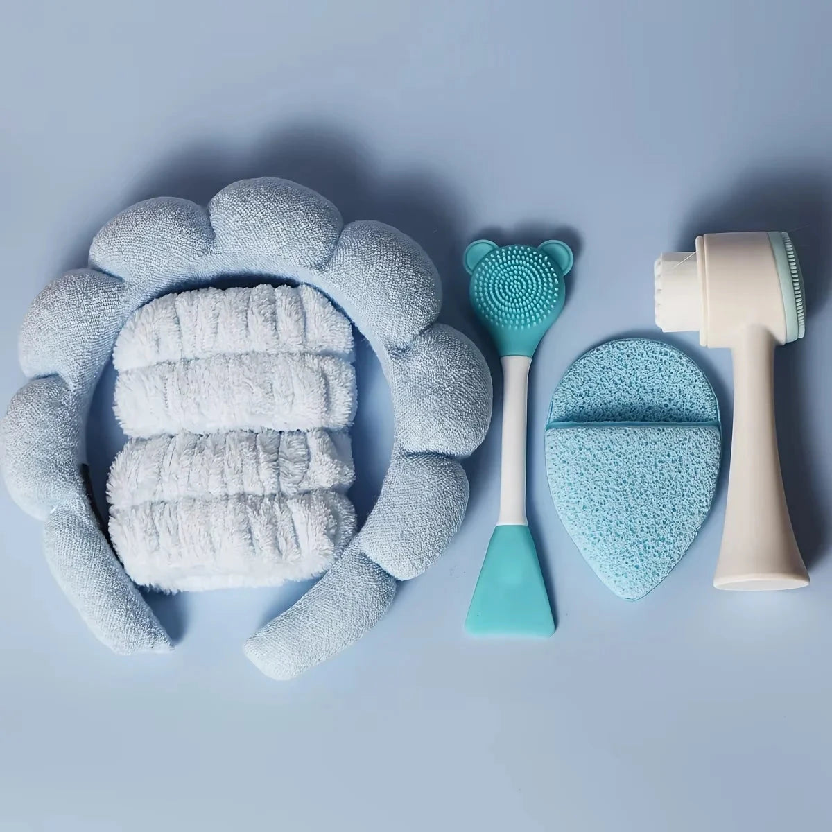 7-piece makeup and face wash beauty set, including 3 headband sets, 1 cosmetic bag, 2 face wash brushes and 1 powder puff Good Vibrations