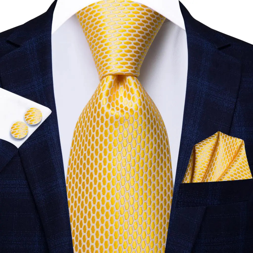 Hi-Tie Champagne Gold Striped Paisley Solid Men Silk Wedding Tie Fashion Design Necktie For Men Hanky Cufflink Business Party Good Vibrations