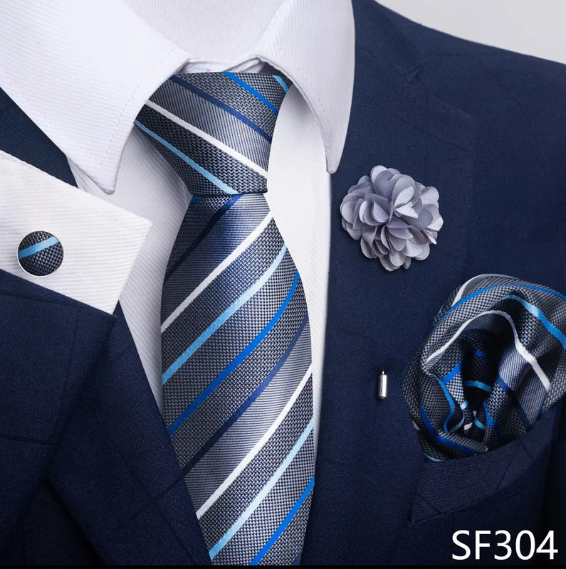 Luxury Mens Ties Floral Black Gold Ties Paisley NeckTie Pocket Square Cufflinks Brooch Set Men's Wedding Party Tie Good Vibrations
