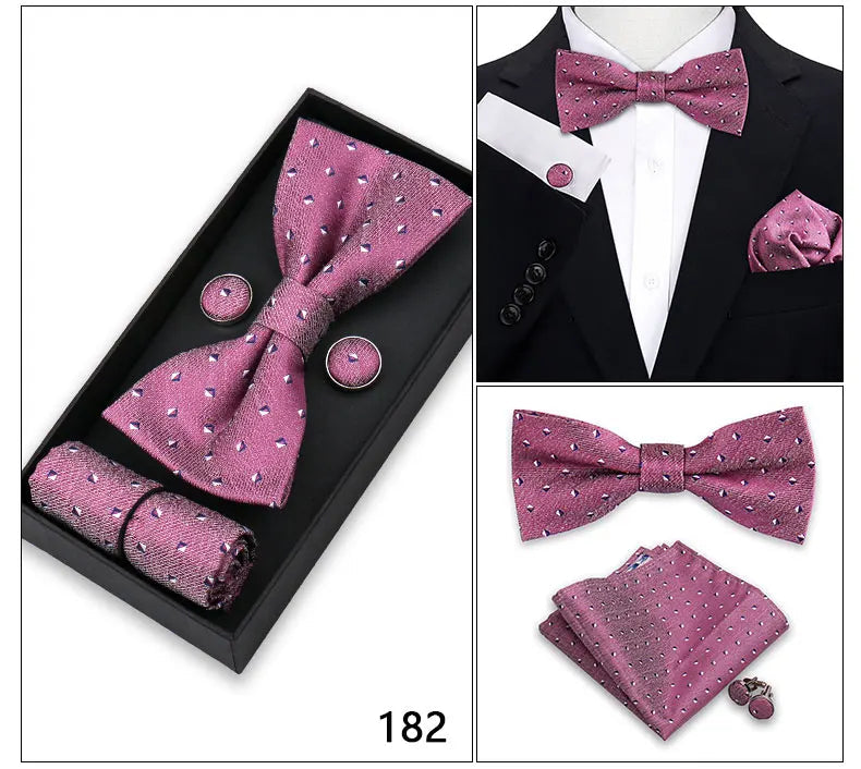 Bowtie For Men Set Gift Box Business Gift Fashion Bow Tie Pocket Square Cufflinks Set Bowtie 3pcs For Wedding Hanky Cravata Neck Good Vibrations