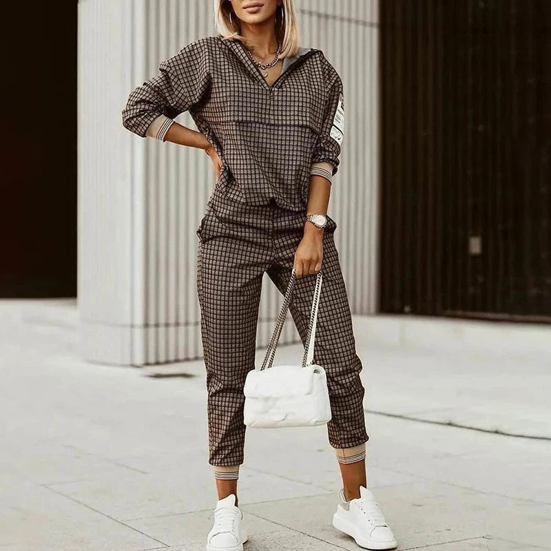 New 2022 Women Fashion Plaid Print Splicing Zipper Front Hooded Top & Pants Set Elegant Two Pieces Suit Flare Pants Outwear Good Vibrations