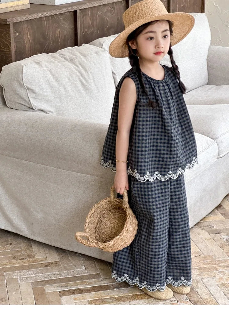 Girls' Summer Outfit New Kids Temperament Plaid Lace Vest+Wide Leg Pants Two-piece Set Trendy Children's Clothing Sets Good Vibrations