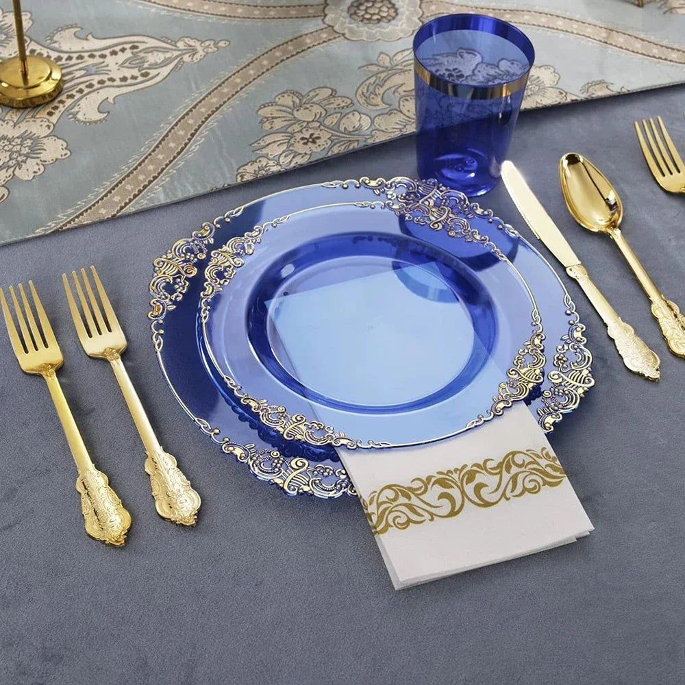 10pcs Disposable Cutlery Clear Blue Plastic Dinner Plate Gold Plastic Silver Cutlery Cup Napkin Set Birthday Decorations Good Vibrations