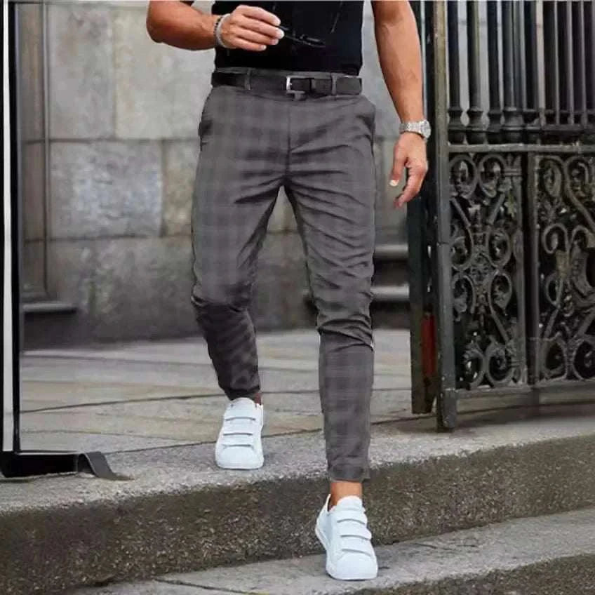 Men's slim fit plaid suit pants with mid waist and zipper splice, casual autumn winter trousers