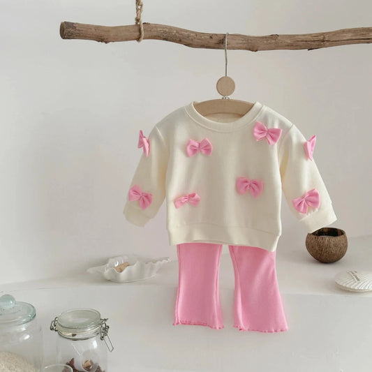2025 Spring Autumn New Kids Cute Bowknot Long Sleeved Outfit Set Baby Boy Girl Cartoon Casual Tracksuit Pink Flared Pants Suit Good Vibrations