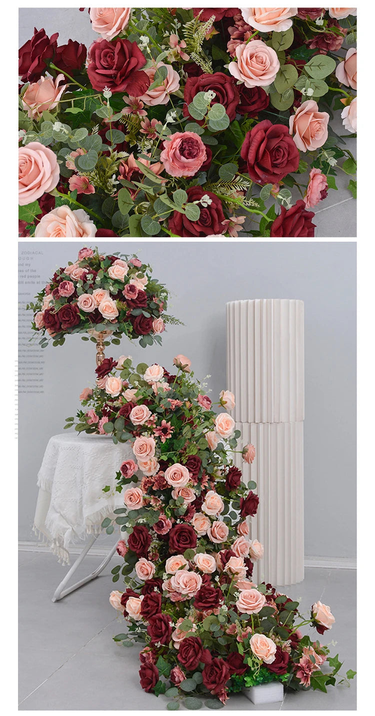 Uflower Red Rose Green Leaf Artificial Flowers Row Arrangement Wedding Table Center Flower ball Event Party Backdrop Decor Props Good Vibrations