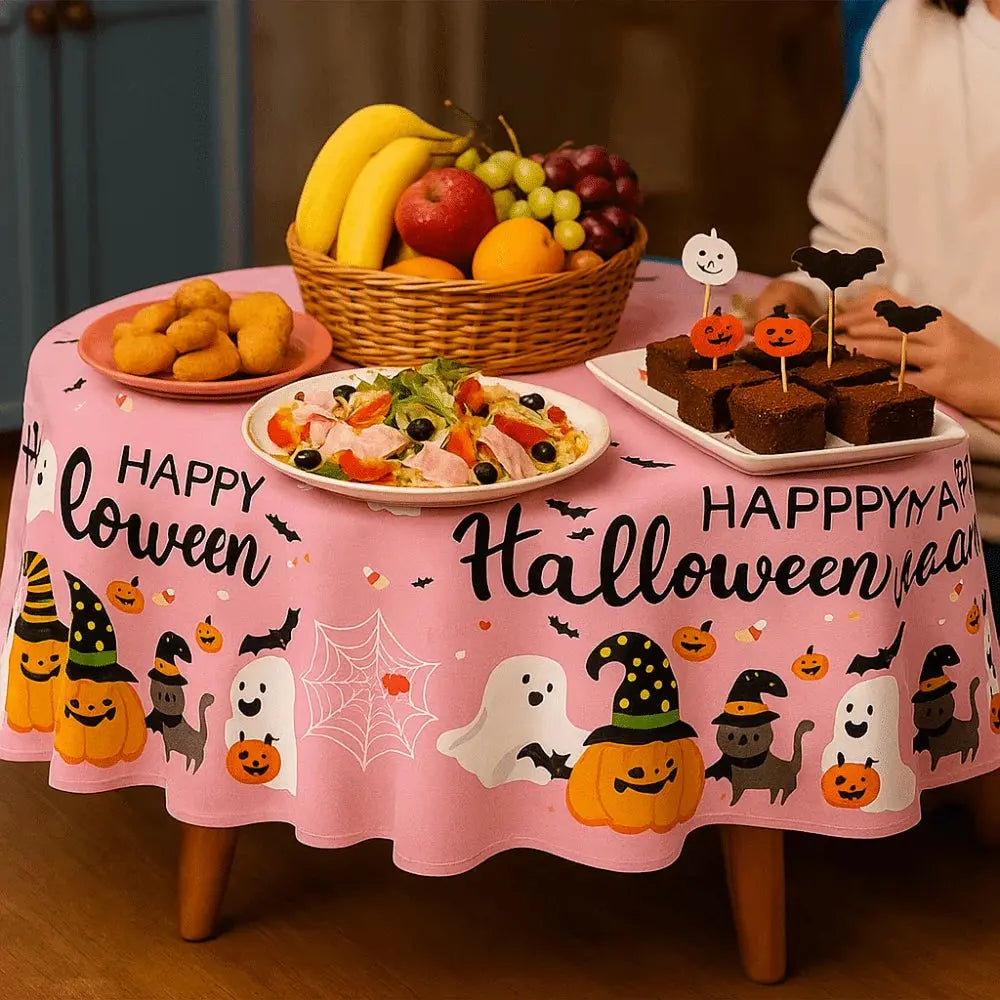 Pumpkin Ghost Pattern Halloween Tablecloth Halloween Theme Plastic Disposable Table Cover Pink Table Runner Table Decoration Good Vibrations