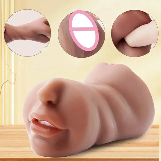 3 in 1 male masturbator cup with realistic artificial vagina, anus, and mouth textured design.