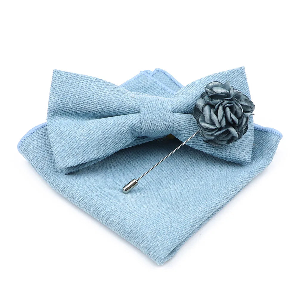 Mens Solid Color Cotton Bowtie Pocket Square Brooch Sets Pink Blue Super Soft Suede Bow Tie Handkerchief For Wedding Party Gift Good Vibrations